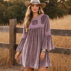 Easel Dusty Mauve Velvet Babydoll Dress S Lace Bell Sleeve Boho Festival